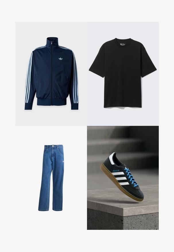 Tmavomodrá športová bunda s troma svetlomodrými pruhmi na rukávoch, predným zipsom, stojačikovým golierom a logom Adidas na hrudi.; Čierne bavlnené tričko s krátkym rukávom a voľným strihom, s okrúhlym výstrihom, zobrazené na jednoduchom svetlom pozadí.; Modré riflové nohavice s vysokým pásom a širokým strihom, s prednými vreckami, pútkami na opasok, zapínaním na gombík a malým logom Adidas na pravej stehne.; Čierna teniska Adidas s bielymi pruhmi, modrými šnúrkami a gumovou podrážkou, ktorá sa vznáša nad sivým betónovým schodom v mäkkom svetle.