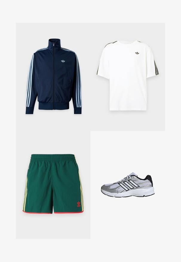 Tmavomodrá športová bunda s troma svetlomodrými pruhmi na rukávoch, predným zipsom, stojačikovým golierom a logom Adidas na hrudi.; Biela bavlnená tričko s krátkymi rukávmi, s čiernymi trojpruhmi na pleciach a malým čiernym logom na hrudi.; Zelené športové šortky s ľahkou textúrou, s žltými bočnými pruhmi a červenými akcentmi na okraji, s malým červeným logom.; Mriežkovaná športová obuv v bielej a striebornej farbe, s čiernymi detailmi, logom troch bielych pruhov, polstrovaným golierom a textúrovanou gumovou podrážkou.