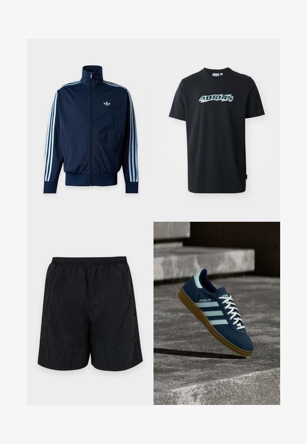 Μπλε ναυτικό track jacket με τρεις ανοιχτό μπλε ρίγες στα μανίκια, φερμουάρ μπροστά, όρθιο γιακά και το λογότυπο της Adidas στο στήθος.; Μαύρο βαμβακερό T-shirt με κοντά μανίκια, με γυαλιστερό, πολύχρωμο λογότυπο "ADIDAS" στο μπροστινό μέρος. Κλασικός σχεδιασμός με στρογγυλή λαιμόκοψη.; Μαύρες σορτς κατασκευασμένες από ελαφρύ, υφασμάτινο υλικό, με ελαστική μέση και πλευρικές προσαρμογές για μια κομψή εμφάνιση.; Μπλε sneaker Adidas Spezial με λευκές ρίγες και κορδόνια, λαστιχένια σόλα, αιωρείται πάνω από τραχιά επιφάνεια σκυροδέματος και σκαλοπάτια στο φόντο.