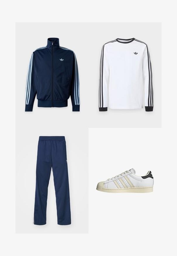 Tmavomodrá športová bunda s troma svetlomodrými pruhmi na rukávoch, predným zipsom, stojačikovým golierom a logom Adidas na hrudi.; Biele tričko Adidas s dlhým rukávom, čiernym okrúhlym výstrihom, čiernymi manžetami, tromi čiernymi pruhmi na rukávoch a čiernym logom trefoil na hrudi.; Námornícke modré športové nohavice s elastickým pásom, s bielymi postrannými pruhmi a logom na ľavom stehne.; Biele kožené tenisky s čiernym akcentom na päte, tromi béžovými pruhmi, textúrovanou špičkou a svetlou gumovou podrážkou, ktorá má perforácie pre priedušnosť.