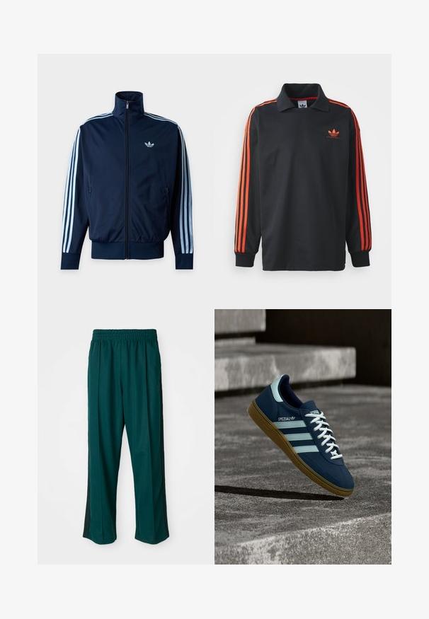 Tmavomodrá športová bunda s troma svetlomodrými pruhmi na rukávoch, predným zipsom, stojačikovým golierom a logom Adidas na hrudi.; Čierny polo s dlhým rukávom a golierom, s červenými pruhmi na rukávoch a malým červeným logom na hrudi. Hladká textúra látky.; Tmavozelené športové nohavice s elastickým pásom, rovnými nohavicami a čiernymi bočnými pruhmi. Vyrobené z mäkkého, elastického materiálu.; Modré tenisky Adidas Spezial s bielymi pruhmi a šnúrkami, gumovou podrážkou, plávajúce nad drsným betónovým povrchom a schodmi v pozadí.