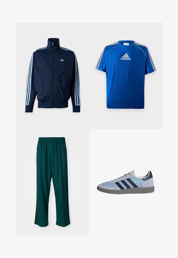 Marineblå trackjakke med lyseblå tre striber på ærmerne, frontlynlås, opretstående krave og Adidas-logo på brystet.; Blå Adidas sport T-shirt med hvidt logo på brystet, hvide striber på skuldrene og neongult piping på skuldersømmene.; Mørkegrønne træningsbukser med elastisk talje, lige ben og sorte sidelister. Fremstillet af blødt, strækbart stof.; Lyseblå Adidas sneaker med mørkeblå striber, ruskind på tå og hæl, tekstureret sål og snørelukning, sidevisning på hvid baggrund.