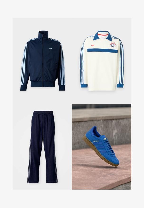 Marineblauw trainingsjack met lichtblauwe drie strepen op de mouwen, ritssluiting aan de voorkant, opstaande kraag en Adidas-logo op de borst.; Witte sporttrui met lange mouwen, blauwe kraag, blauwe strepen op de mouwen, blauwe borststreep, rood logo en een schildembleem met sterren op de borst.; Marineblauwe sportbroek met een elastische tailleband, voorzien van drie witte zijstrepen en een recht-aansluitend ontwerp. Zachte denim structuur.; Blauwe Adidas Spezial sneaker met rubberen zool, veters geknoopt, hangend boven een glad stenen oppervlak nabij een grijze betonnen muur.