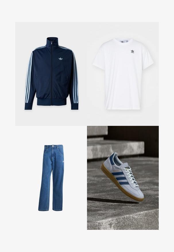 Marineblå trackjakke med lyseblå tre striber på ærmerne, frontlynlås, opretstående krave og Adidas-logo på brystet.; Hvid bomulds T-shirt med korte ærmer, rund halsudskæring og et sort Adidas-logo med tre striber på venstre brystområde.; Blå højtaljede viddebukser i denim med forlommer, bælteløkker, knaplukning og lille Adidas-logo på højre lår.; Lyseblå Adidas Spezial sneakers med marineblå striber og gummisål, vist i luften over betontrapper i et neutralt udendørsmiljø.