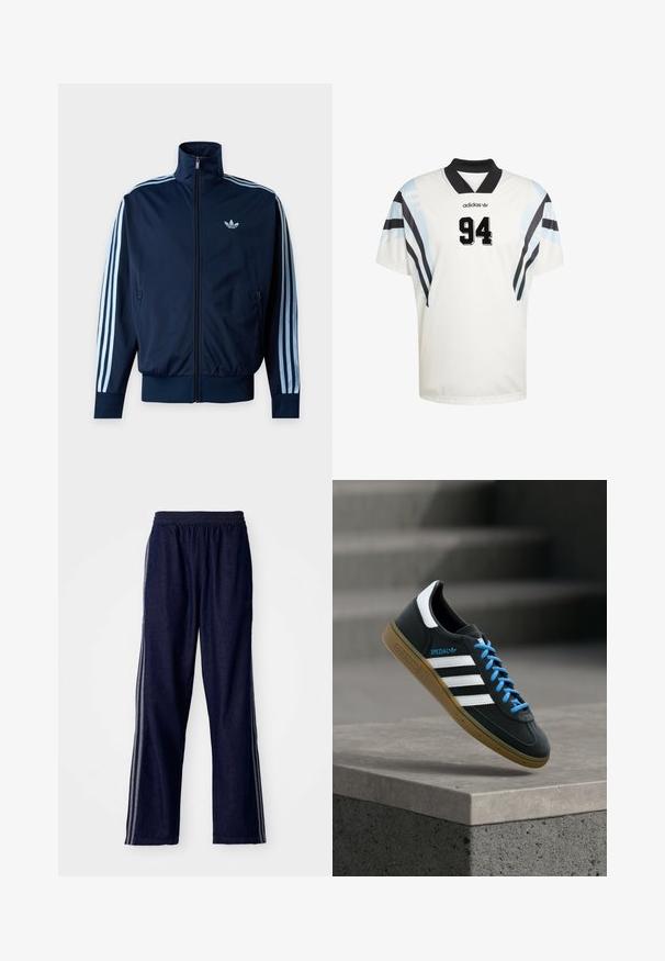 Tmavomodrá športová bunda s troma svetlomodrými pruhmi na rukávoch, predným zipsom, stojačikovým golierom a logom Adidas na hrudi.; Biele športové tričko s krátkymi rukávmi, čiernym golierom a modrými a čiernymi diagonálnymi pruhmi. Číslo „94“ výrazne zobrazené čiernou farbou.; Námornícke modré športové nohavice s elastickým pásom, s tromi bielymi bočnými pruhmi a rovným strihom. Mäkká denimová textúra.; Čierna teniska Adidas s bielymi pruhmi, modrými šnúrkami a gumovou podrážkou, ktorá sa vznáša nad sivým betónovým schodom v mäkkom svetle.