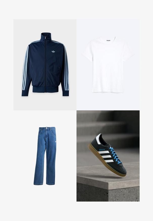 Marineblaue Trainingsjacke mit hellblauen drei Streifen an den Ärmeln, durchgehendem Reißverschluss, Stehkragen und Adidas-Logo auf der Brust.; Schlichtes weißes T-Shirt mit kurzen Ärmeln und Rundhalsausschnitt mit gut sichtbarem WEEKDAY-Label am Kragen, dargestellt auf hellem Hintergrund.; Blaue hohe, weite Jeans mit Fronttaschen, Gürtelschlaufen, Knopfverschluss und kleinem Adidas-Logo am rechten Oberschenkel.; Schwarzer Adidas-Sneaker mit weißen Streifen, blauen Schnürsenkeln und Gummisohle, der über einer grauen Betontreppe im weichen Licht schwebt.