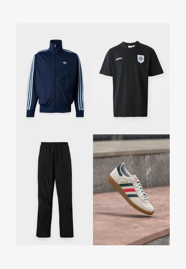 Marineblauw trainingsjack met lichtblauwe drie strepen op de mouwen, ritssluiting aan de voorkant, opstaande kraag en Adidas-logo op de borst.; Zwart T-shirt met korte mouwen van katoen, met een ronde hals. Inclusief wit Adidas-logo en een patch met een blauw embleem op de linkerborst.; Zwarte nylont broek met een elastische tailleband, voorzien van een lichte, gestructureerde afwerking en naadaccenten voor een modern ontwerp.; Witte Adidas sneaker met groene en rode strepen, rubberen zool en "SPEZIAL" branding die boven een stenen bestrating zweeft.