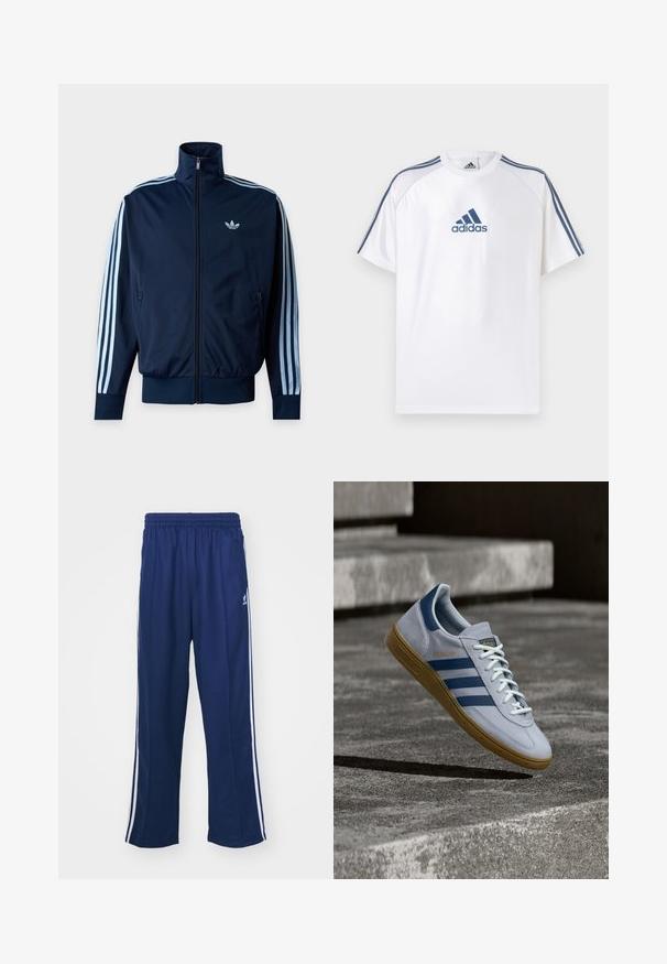 Marineblå trackjakke med lyseblå tre striber på ærmerne, frontlynlås, opretstående krave og Adidas-logo på brystet.; Hvid Adidas T-shirt med blå accenter, korte ærmer og rund hals. Har Adidas-logoet i blå på fronten og tre striber på skuldrene.; Marineblå sportbukser med en afslappet pasform, udstyret med hvide sidestativer og elastisk talje. Glat stof, ingen synlige mønstre eller hardware.; Lyseblå Adidas Spezial sneakers med marineblå striber og gummisål, vist i luften over betontrapper i et neutralt udendørsmiljø.