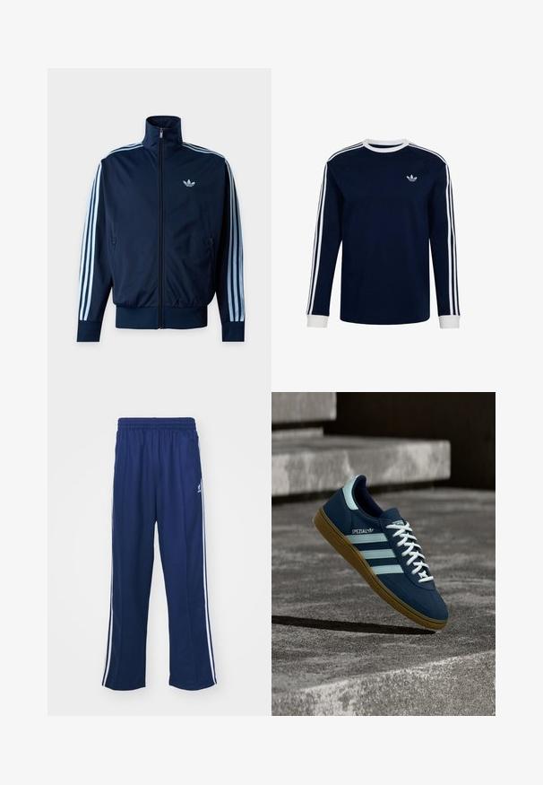 Marineblaue Trainingsjacke mit hellblauen drei Streifen an den Ärmeln, durchgehendem Reißverschluss, Stehkragen und Adidas-Logo auf der Brust.; Marineblaues Langarmshirt von Adidas mit weißen Manschetten, Kragen, drei weißen Streifen an den Ärmeln und dem Adidas-Trefoil-Logo auf der Brust.; Marineblaue Sporthosen mit einem lockeren Schnitt, ausgestattet mit weißen seitlichen Streifen und einem elastischen Bund. Glattes Material, keine sichtbaren Muster oder Beschläge.; Blauer Adidas Spezial Sneaker mit weißen Streifen und Schnürsenkeln, Gummisohle, schwebend über rauer Betonoberfläche und Treppen im Hintergrund.