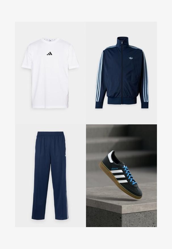 Tmavomodrá športová bunda s troma svetlomodrými pruhmi na rukávoch, predným zipsom, stojačikovým golierom a logom Adidas na hrudi.; Biela bavlnená tričko s malým čiernym trojuholníkovým logom na hrudi, krátkymi rukávmi a okrúhlym výstrihom. Jednoduchý a klasický dizajn.; Tmavomodré športové nohavice s textúrovaným povrchom, elastickým pásom a bielymi bočnými pruhmi. Majú rovný strih a bez vreciek.; Čierna teniska Adidas s bielymi pruhmi, modrými šnúrkami a gumovou podrážkou, ktorá sa vznáša nad sivým betónovým schodom v mäkkom svetle.
