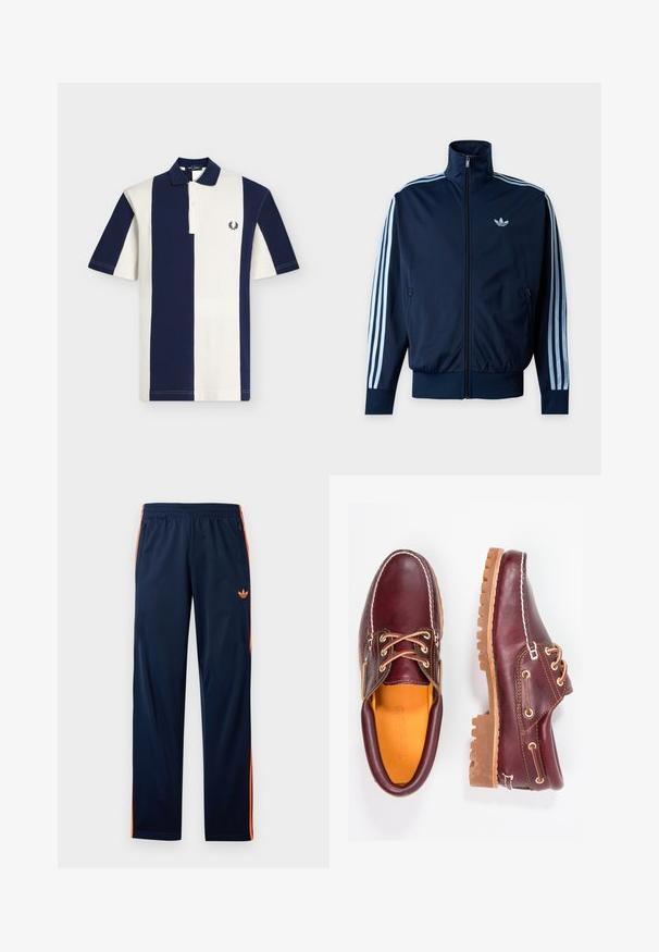 Μπλε ναυτικό track jacket με τρεις ανοιχτό μπλε ρίγες στα μανίκια, φερμουάρ μπροστά, όρθιο γιακά και το λογότυπο της Adidas στο στήθος.; Πόλο μπλούζα με κάθετες ρίγες σε ναυτικό μπλε και λευκό, με κοντά μανίκια, γιακά, πλακέτα με δύο κουμπιά και κεντημένο λογότυπο δάφνινου στεφάνου στο στήθος.; Ναυτικό μπλε αθλητικό παντελόνι με πορτοκαλί ρίγες στο πλάι, ελαστική μέση, εμπρός τσέπες με φερμουάρ και μικρό πορτοκαλί λογότυπο Adidas στον μηρό.; Μπορντώ δερμάτινα παπούτσια με καφέ ελαστικές σόλες, στρογγυλή μύτη, λευκή ραφή και χρυσές τρύπες κορδονιών. Η εσωτερική επένδυση διαθέτει κίτρινη φόδρα.