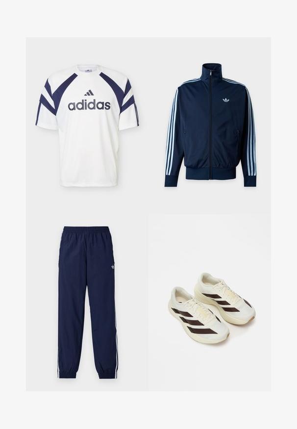 Μπλε ναυτικό track jacket με τρεις ανοιχτό μπλε ρίγες στα μανίκια, φερμουάρ μπροστά, όρθιο γιακά και το λογότυπο της Adidas στο στήθος.; Λευκό αθλητικό μπλουζάκι Adidas με ναυτικό μπλε γεωμετρικά σχέδια στους ώμους και τα μανίκια, με το λογότυπο της Adidas και κείμενο στο μπροστινό μέρος.; Σκούρο μπλε παντελόνι φόρμας από ελαφρύ ύφασμα, με λευκές ρίγες στο πλάι, ελαστική μέση και μικρό λογότυπο.; Ανοιχτόχρωμα αθλητικά παπούτσια με σκούρες καφέ διαγωνίους ρίγες, υφασμάτινο επάνω μέρος με υφή και μαλακή σόλα. Διαθέτει κίτρινη σήμανση "ADIZERO".