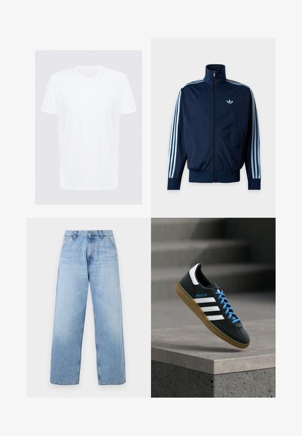 Chaqueta de chándal azul marino con tres rayas azul claro en las mangas, cremallera frontal, cuello alzado y logo de Adidas en el pecho.; Camiseta blanca de manga corta hecha de algodón suave con cuello redondo; diseño minimalista, con líneas limpias y sin patrones visibles.; Vaqueros de pierna ancha de mezclilla azul claro con bolsillos delanteros, trabillas para cinturón, cierre de botón y detalles descoloridos.; Zapatilla negra Adidas con franjas blancas, cordones azules y suela de goma flotando sobre un escalón de hormigón gris con luz suave.