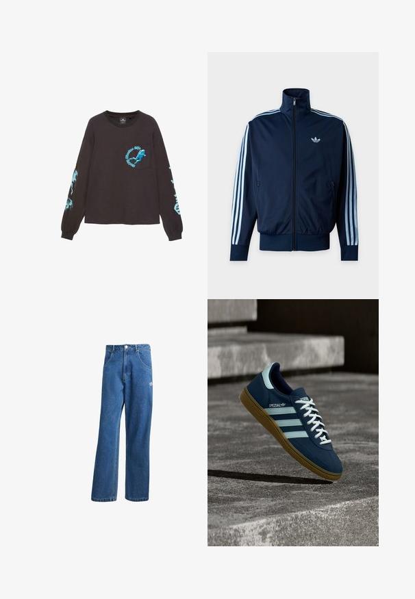 Veste de survêtement bleu marine avec trois bandes bleu clair sur les manches, fermeture éclair à l'avant, col montant et logo Adidas sur la poitrine.; Chemise noire à manches longues avec un graphique bleu de plongeur sous-marin et le texte « Marine Life Matters » sur la poche poitrine ainsi que des motifs marins bleus sur les manches.; Jean en denim bleu taille haute, jambes larges, avec poches avant, passants de ceinture, fermeture à bouton et petit logo Adidas sur la cuisse droite.; Baskets Adidas Spezial bleues avec des rayures et des lacets blancs, semelle en gomme, flottant au-dessus d'une surface en béton rugueuse et des marches en arrière-plan.
