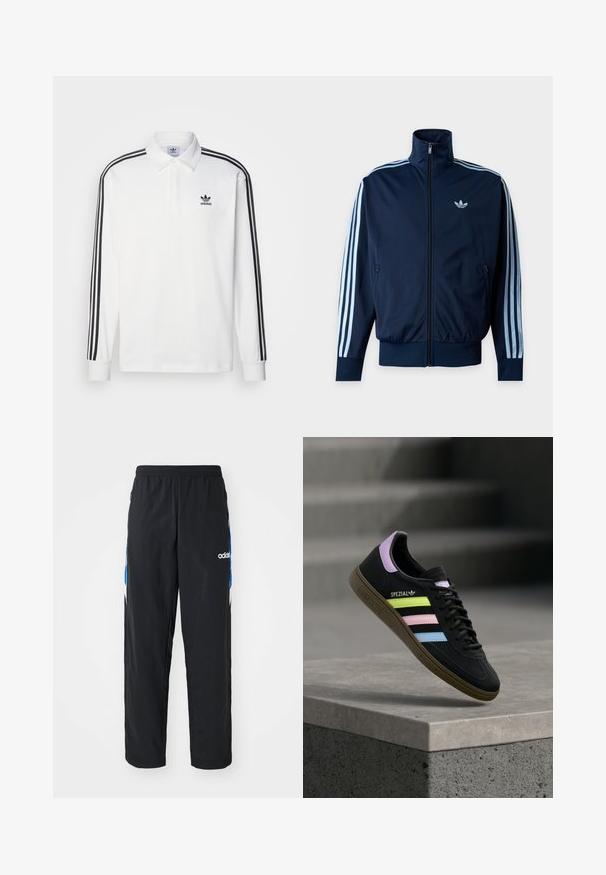 Μπλε ναυτικό track jacket με τρεις ανοιχτό μπλε ρίγες στα μανίκια, φερμουάρ μπροστά, όρθιο γιακά και το λογότυπο της Adidas στο στήθος.; Λευκό polo μπλουζάκι με μακριά μανίκια, κλασικό γιακά, μαύρες τρεις ρίγες κατά μήκος των μανικιών και ένα μικρό μαύρο λογότυπο στο στήθος.; Μαύρο αθλητικό παντελόνι με ελαστική μέση, διακοσμημένο με μπλε και λευκές γραφικές λεπτομέρειες στις πλευρές, και κεντημένο λογότυπο.; Μαύρο αθλητικό παπούτσι Adidas Spezial με ριγέ σε παστέλ κίτρινο, ροζ και μπλε, με ταμπελάκι στη φτέρνα σε λεβάντα και καφέ σόλα, να αιωρείται πάνω από τσιμεντένιο χείλος.
