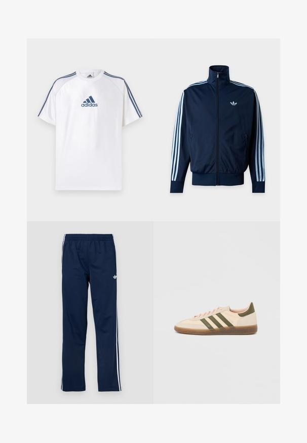 Μπλε ναυτικό track jacket με τρεις ανοιχτό μπλε ρίγες στα μανίκια, φερμουάρ μπροστά, όρθιο γιακά και το λογότυπο της Adidas στο στήθος.; Λευκό μπλουζάκι Adidas με μπλε λεπτομέρειες, κοντά μανίκια και στρογγυλή λαιμόκοψη. Φέρει το λογότυπο Adidas σε μπλε χρώμα στο μπροστινό μέρος και τρεις ρίγες στους ώμους.; Ναυτικό μπλε αθλητικό παντελόνι με ελαστική μέση, λευκές ρίγες στο πλάι και κεντητό λογότυπο στο αριστερό μηρό. Λείο ύφασμα.; Χαμηλού προφίλ μπεζ αθλητικό παπούτσι Adidas Spezial με πράσινες ρίγες, σόλα από καουτσούκ και την επωνυμία "SPEZIAL" στην πλευρά, εμφανίζεται από την εξωτερική πλευρά.