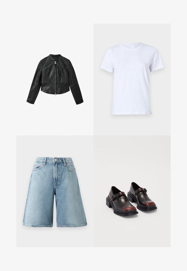 Zwarte cropped leren jas met zilveren ritssluiting aan de voorkant, lange mouwen en een opstaande kraag, gepresenteerd tegen een witte achtergrond.; Witte katoenen T-shirt, korte mouwen, klassiek ronde hals ontwerp, effen textuur zonder patronen of accenten, standaard pasvorm, eenvoudig en veelzijdig.; Lichtblauwe denim shorts met een losse pasvorm, middelhoog taille, vijf zakken en contrasterende stikdetails. De stof heeft een zachte textuur.; Leren blokhak schoenen met een glanzende donkerburgundy afwerking, voorzien van een gespstrap en een rond neusstuk. Getextureerde zool voor grip.