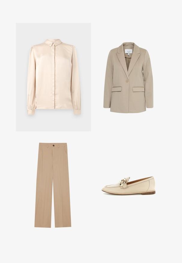Blazer beige hecho de tela texturizada, con solapas con muesca, cierre de un botón y dos bolsillos delanteros.; Camisa de satén beige de manga larga con cuello abotonado, pliegue frontal y mangas abullonadas recogidas en los puños. Textura suave y brillante.; Pantalones de pierna ancha color beige con una textura suave, que presentan dos bolsillos laterales, un cierre con botón en la parte delantera y pliegues sutiles para un detalle adicional.; Mocasín de cuero beige con tacón bajo y detalle de hebilla dorada en la parte superior, presentado sobre un fondo blanco.