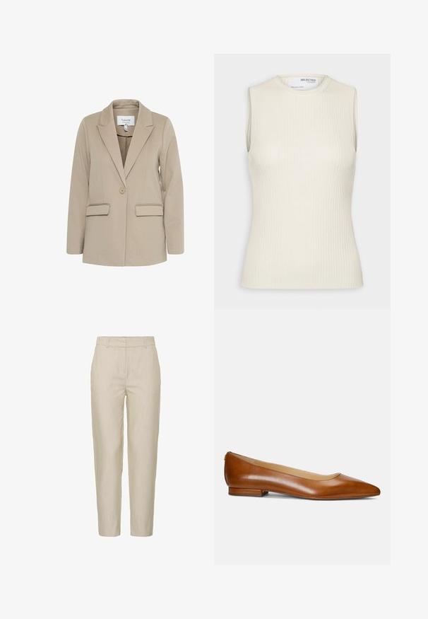 Béžový blazer vyrobený z textúrneho materiálu, s klopaným golierom, jedným gombíkom a dvoma prednými vreckami.; Selected Knitted Sleeveless - Top - birch; Béžové nohavice vyrobené z ľahkej látky, s taperedstrihom, plochým predkom a bočnými vreckami; hladká textúra s jemnými pruhmi.; Dámska hnedá kožená balerína so špicatou špičkou, nízkym podpätkom a hladkým povrchom, zobrazená v bočnom profile na neutrálnej pozadí.