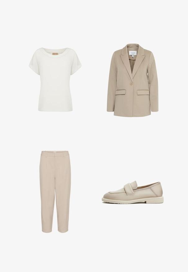 Beige blazer lavet af tekstureret stof, med en klapkrave, enkelt knaplukning og to forreste lommer.; Hvid kortærmet dametop med rund halsudskæring og en lille beige label indeni kraven.; Beige forkortede bukser med en glat tekstur, frontfald, to sidelommer og en taljehøjde. Lige ben design med skræddersyet finish.; Beige læder loafers med en jævn tekstur, der har et forhøjet bånd over forgabreren og en lav, flad gummisål.