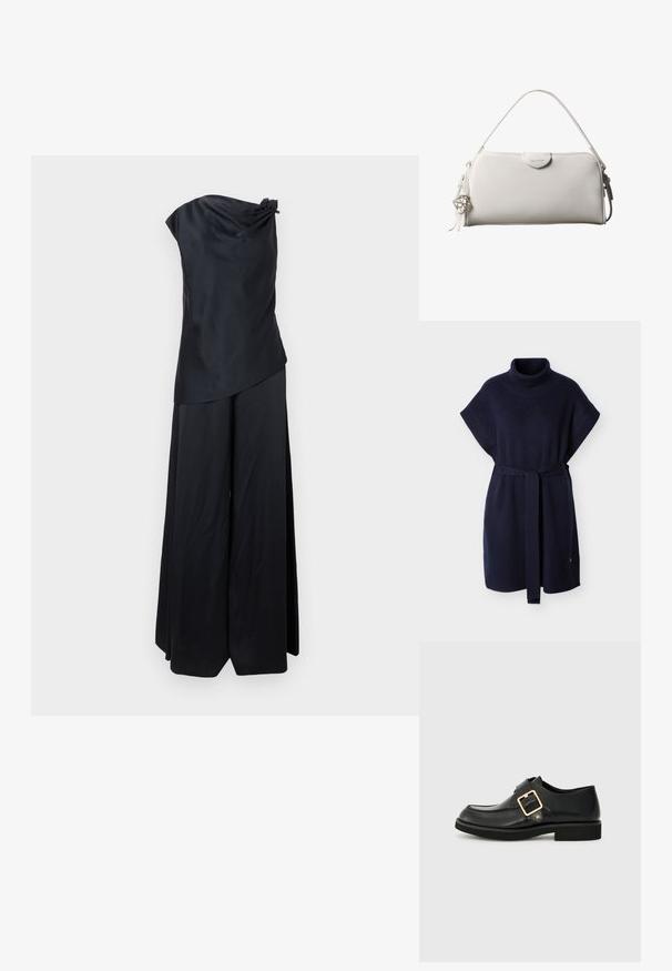 Vestido poncho de punto en azul marino con cuello alto, mangas cortas y cinturón a juego. Presenta una textura acanalada y un ajuste relajado.; Mono satinado negro con un solo hombro, pantalones de pierna ancha y un detalle anudado en el hombro.; Zapato de cuero negro con punta redonda, que cuenta con una hebilla dorada y una suela de goma plana. Textura suave con detalles de costura sutil.; Bolso rectangular blanco de Calvin Klein con un solo asa, diseño minimalista y borlas decorativas con un charm metálico geométrico en el lateral.