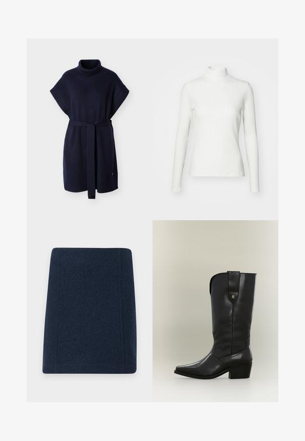 Strikket ponchodragt i marineblå med høj krave, korte ærmer og matchende bælte. Har ribbet tekstur og en afslappet pasform.; Hvid ribbet turtleneck blouse med lange ærmer, lavet af elastisk stof. Har et tætsiddende design og høj hals for god dækning.; Marine uld mini nederdel med en lige form, flade sømme og en glat tekstur. Ingen synlige mønstre eller udsmykninger.; Høj sort læder cowboystøvle med spids tå, kraftig hæl og trækstrop med lille gyldent logo.