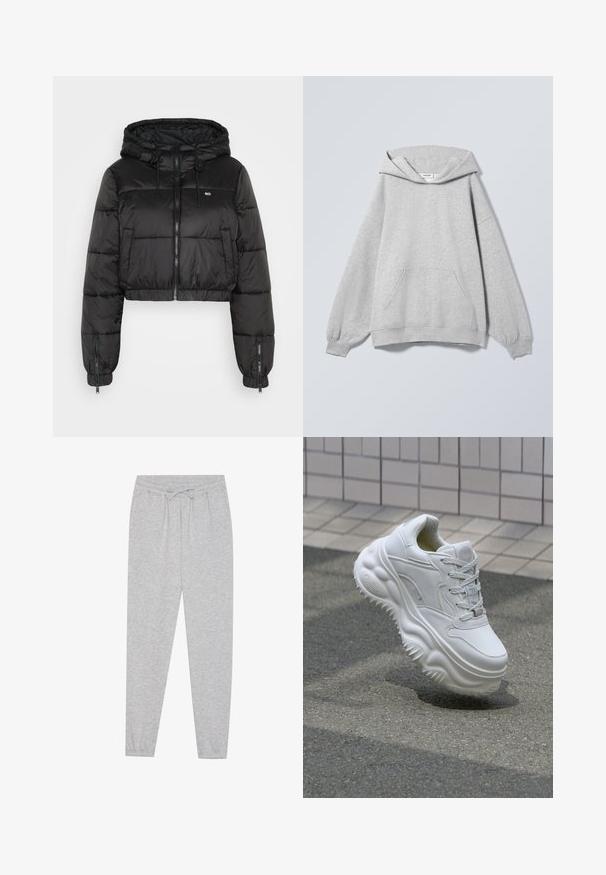Tommy Jeans TJW HOODED PUFFER - Vinterjakker - black; Lysegrå hættetrøje med lange ærmer, forlommer, ribkanter og et "Weekday"-mærke inde i kraven.; Grå træningsbukser med en blød tekstur, elastisk talje og snoretræk. Taperet ben-design med en afslappet pasform.; Hvide lædersneakers med en kraftig sål, teksturerede detaljer og snørelukning. Har formede accenter og en glat finish.