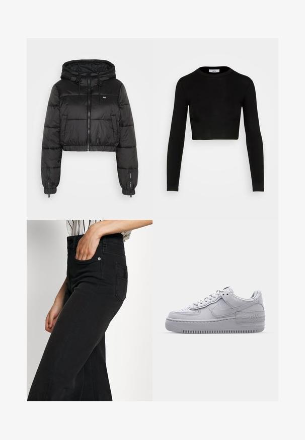 Tommy Jeans TJW HOODED PUFFER - Talvejope - black; WAL G. X JOEY BACK DETAIL - Pikkade varrukatega topp - black; Mustad denimist laia säärega teksad kõrge vöökohaga, esimesed taskud ja tagaosa plaastritasku. Sile tekstuur minimaalse õmbluste detailidega.; Hallitus hallid Nike Air Force 1 sneakerid, millel on augustatud varvas, siledast nahast ülemine osa, paks tall ning reljeefne 'AIR' detail kontsapadjal.