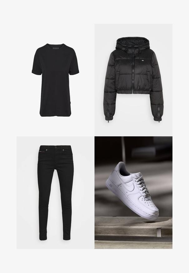 Tommy Jeans TJW HOODED PUFFER - Winterjacke - black; Schwarzes Baumwoll-T-Shirt mit kurzen Ärmeln, rundem Halsausschnitt und aufgerollten Bündchen; mit einem dezenten Markenlabel am seitlichen Saum.; Schwarze Slim-Fit-Jeans mit fünf Taschen und Knopfverschluss, vor einem weißen Hintergrund präsentiert.; Weißer Nike Air Force 1 Sneaker schwebt über einer Betonoberfläche mit Schatten in einem minimalistischen Umfeld.