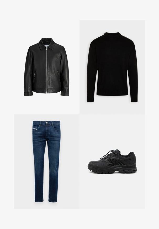 Schwarze Lederjacke mit Frontreißverschluss, zwei seitlichen Reißverschlusstaschen und umgeschlagenem Kragen vor einem schlichten weißen Hintergrund.; Schwarzer, gestrickter Pullover mit hohem, geripptem Kragen. Lange Ärmel und gerippte Bündchen sowie Saum. Glatte Textur mit einem einfachen, klassischen Design.; Dunkelblaue Slim-Fit-Jeans für Herren mit fünf Taschen, Knopfverschluss und dezenten Verwaschungen an Oberschenkeln und Knien.; Schwarzer athletischer Sneaker mit strukturiertem Stoff, dicker gepolsterter Sohle, Luftauslässen und Schnürverschluss, von der Seite auf hellem Hintergrund gezeigt.