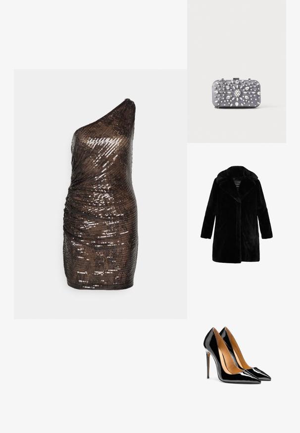 Mustmust mustrevärviga mantel laia kraega, pikkade varrukatega ja sirge lõikega. Pehme tekstuur, ilma nähtavate kinnituste või mustriteta.; Halston SHYLA DRESS IN SEQUIN - Kokteilikleit/peokleit - umber; Mustad kõrge kontsaga kingad läikiva lakknahaga, terava ninaga jaõhukese kontsaga, sisemiselt beeži voodriga, valgel taustal.; Väike ristkülikukujuline tumehall käekott, kaunistatud selgete kristallidega kiirgavas mustris ja hõbedase kettaga rihm.