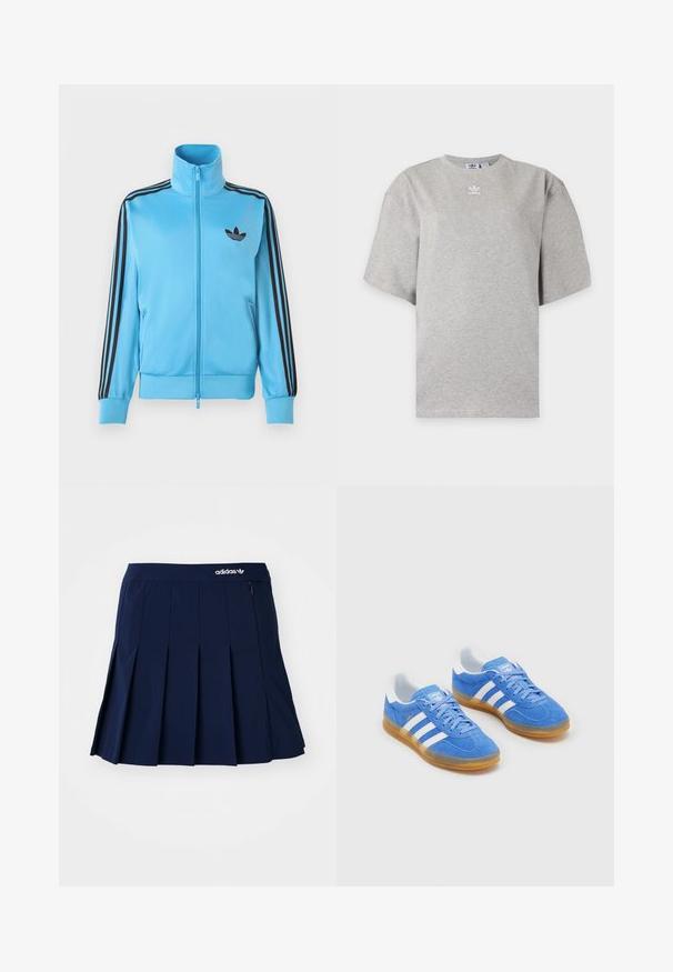 Lyseblå lynlåstrøje lavet af glat stof, har sorte striber på ærmerne og en lille sort logo på brystet.; Lysegrå Adidas T-shirt med korte ærmer, rund hals og lille hvid Adidas-logo på brystet, vist på en ensfarvet baggrund.; Marineblå plisseret nederdel lavet af letvægtsstof; har en elastisk talje og en lille lynlås-lomme, med et hvidt Adidas-logo på forsiden.; Blå ruskinds sportsko med hvide stribede detaljer, gummisål og polstret krave for komfort. Har klassisk snørebåndsdesign.