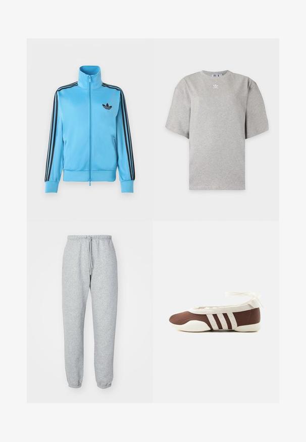 Helehall sinine lukuga jope, mis on tehtud siledast kangast, varrukatel mustade triipudega ja väikese musta logoga rinnal.; Helehall Adidas lühikeste varrukatega t-särk, ümara kaelusega ja väikese valge Adidas logoga rinnal, esitatud lihtsal taustal.; Hallid hallid treeningpüksid, mis on valmistatud pehmest, tekstureeritud kangast. Omavad elastset vööd nööriga, kitsenevaid pahkluupesasid ning ei sisalda nähtavaid mustreid ega logosid.; Pruun ja valge baleriinjalanõu, millel on kolm valget triipu ja pahkluu paelaga lips, helel taustal.