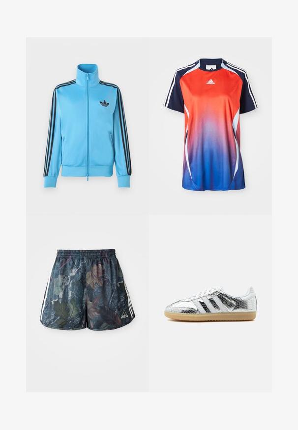 Helehall sinine lukuga jope, mis on tehtud siledast kangast, varrukatel mustade triipudega ja väikese musta logoga rinnal.; Adidase lühikeste varrukatega spordipluus, millel on punasest siniseks üleminek, tumesinised aktsendid ja valged triibud õlgade äärte ümber.; Täiskasvanutele mõeldud lühikesed püksid, millel on tumedal taustal mitmevärviline lehe muster, elastne vöökoht ja valged külgribad.; Madala otsaga toss, millel on hõbedane metallik-madonnahnaha tekstuur, valged triibud, valged paelad ja hele kummist tall valgel taustal.