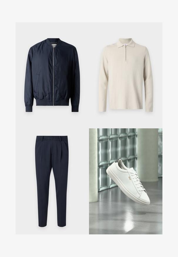 Marineblaues Bomberjacke mit glatter, glänzender Oberfläche, gerippten Bündchen und Saum, verfügt über einen Frontreißverschluss und Seitentaschen.; Cremfarbener Langarm-Polohemd mit Reißverschluss am Kragen, aus weichem, strukturiertem Stoff, mit klassischer Passform und minimalistischem Design.; Hose aus glattem Stoff in Marineblau, mit Falten, einem Reißverschluss und Knopfverschluss, seitlichen Taschen und einem schmalen Beindesign.; Weißer Leder-Low-Top-Sneaker mit Schnürsenkeln, schwarzer Fersenschlaufe und „BOSS“-Logo, der drinnen nahe einer Glassteinwand und einem polierten Boden schwebt.