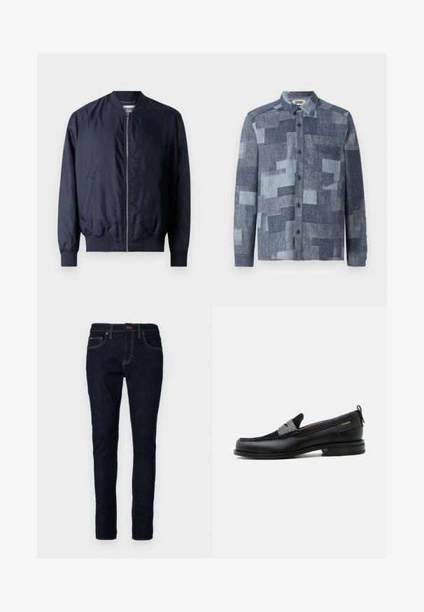Marineblaues Bomberjacke mit glatter, glänzender Oberfläche, gerippten Bündchen und Saum, verfügt über einen Frontreißverschluss und Seitentaschen.; DRYKORN DIEGGO - Hemd - blue; Dunkelblaue Jeans aus Denim im Slim-Fit, mit gestickten Details, fünf Taschen und einem Knopfverschluss an der Taille.; Schwarzer Lederloafer mit grauem Riemendetail, niedrigem Absatz und strukturierter Sohle, seitlich mit „HUGO“ in Gold gebrandmarkt.