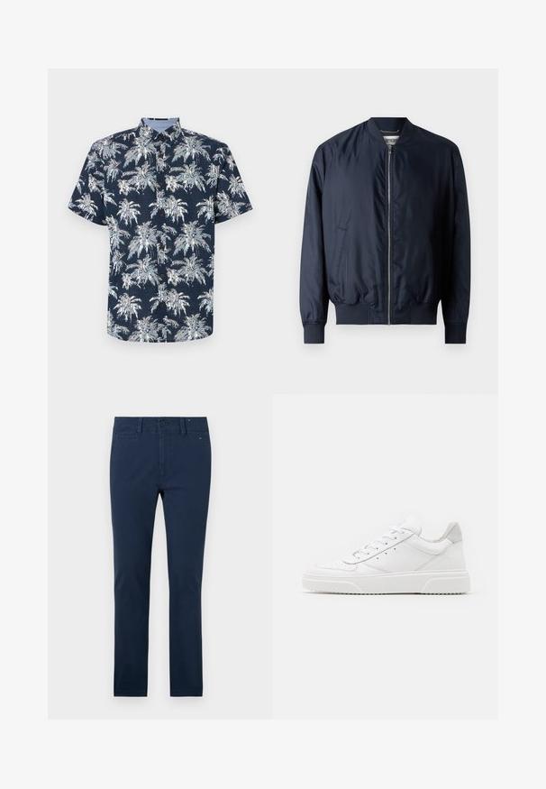 Marine bomberjack met een gladde, glanzende afwerking, geribbelde manchetten en zoom, beschikt over een voorrits en zijzakken.; Korte mouwen, knoopshirt in marineblauw met een wit palmbomenprint. Heeft een kraag en bruine knopen. Gestructureerde stof.; Marineblauwe katoenen chino's met een rechte pijp, knoopsluiting en zijzakken. Gladde textuur en minimalistische stijl zonder zichtbare patronen.; Witte leren sneakers met een gladde afwerking, ronde neus, platte veters en een gestructureerde zool. Grijze suède accent bij de hiel.