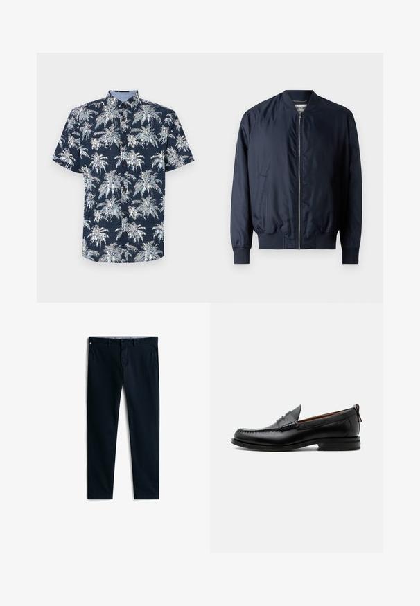 Marine bomberjack met een gladde, glanzende afwerking, geribbelde manchetten en zoom, beschikt over een voorrits en zijzakken.; Korte mouwen, knoopshirt in marineblauw met een wit palmbomenprint. Heeft een kraag en bruine knopen. Gestructureerde stof.; Marineblauwe broek van katoen met een gladde textuur. Voorzien van zijzakken, een knoopsluiting en een subtiele merklogo op de tailleband.; Zwarte leren herensloffen met moc toe stiksel, pennyriem, gestructureerde kraag en lage gestapelde hak op witte achtergrond.