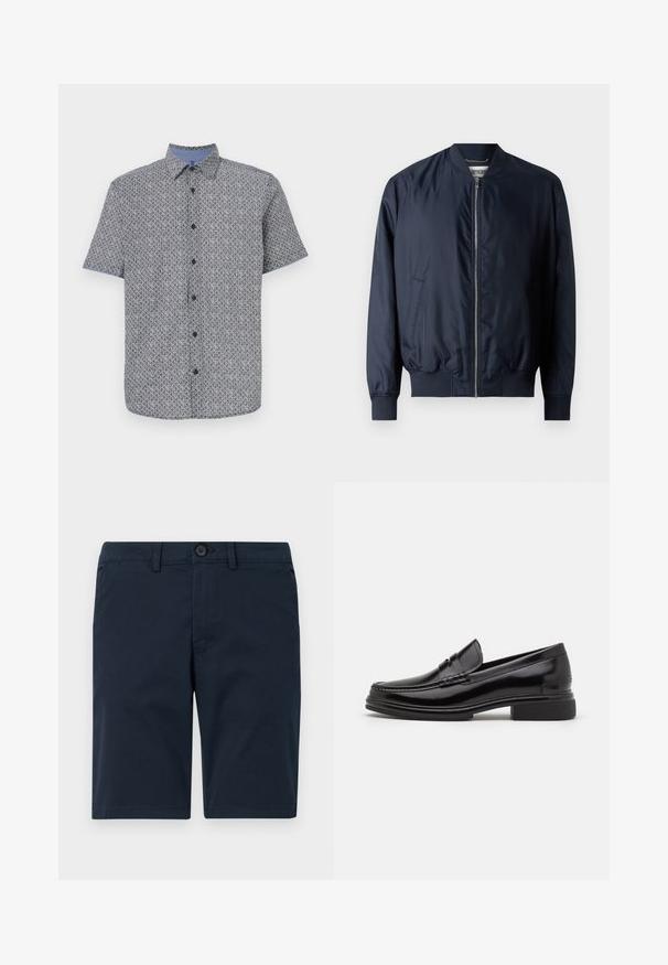 Marine bomberjack met een gladde, glanzende afwerking, geribbelde manchetten en zoom, beschikt over een voorrits en zijzakken.; Korte mouw shirt in marineblauw en wit met een geometrisch patroon, knoopsluiting aan de voorkant en contrasterende lichtblauwe kraag en manchetten. Lichte stof.; Marineblauwe shorts van een katoenmix, met een knoopsluiting, riemlussen en een rechte zoom met minimale details.; Zwarte leren instappers met een afgeronde neus, voorzien van een gestikte detail over de wreef, en een lage blokhak. Glad textuur en glanzende afwerking.