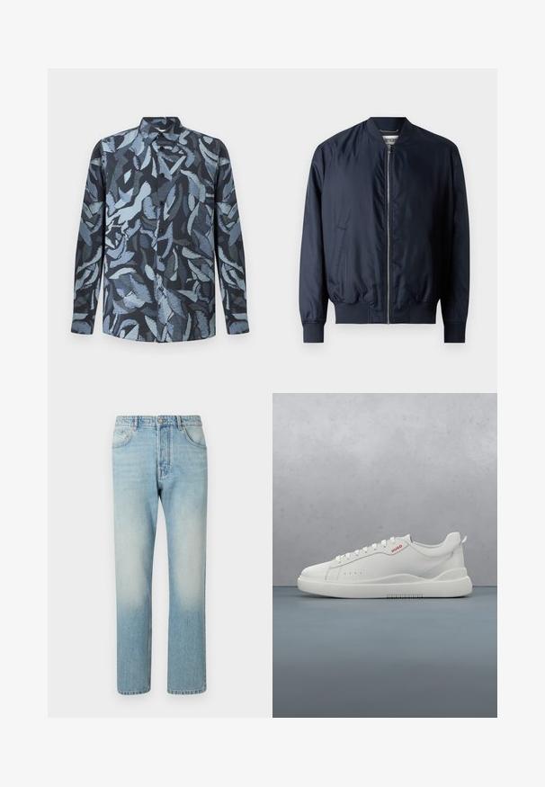 Chaqueta bomber en color azul marino con un acabado suave y brillante, puños y dobladillo acanalados, que cuenta con un cierre delantero de cremallera y bolsillos laterales.; Camisa de manga larga de tejido suave, con una base azul oscura y patrones abstractos en tonos azul claro que parecen hojas, con cierre de botones en el frente y cuello.; Jeans de color azul claro hechos de denim, con un diseño de pierna recta, estructura de cinco bolsillos y efecto de lavado desgastado en los muslos.; Zapatilla blanca con un acabado de cuero liso, punta redonda, cuatro ojales, perforaciones sutiles y un detalle de logo rojo en el lateral.