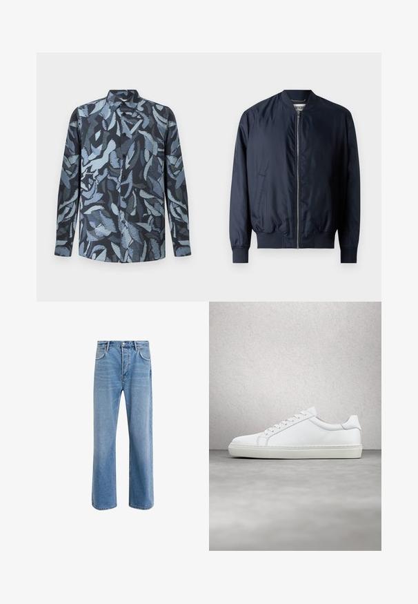 Marineblaues Bomberjacke mit glatter, glänzender Oberfläche, gerippten Bündchen und Saum, verfügt über einen Frontreißverschluss und Seitentaschen.; Langarmhemd aus weichem Stoff mit einem dunkelblauen Grundton und abstrakten, hellblauen blattähnlichen Mustern, mit Knopfleiste und Kragen.; Helle blaue Jeans im Geradeschnitt-Design, mit fünf Taschen, Knopfverschluss, minimaler Ausbleichung und kontrastierenden Nähdetails.; Weißer Sneaker mit glattem Lederobermaterial und niedrigem Profil. Verfügt über eine runde Zehenpartie, sechs Ösen und eine strukturierte Gummisohle.