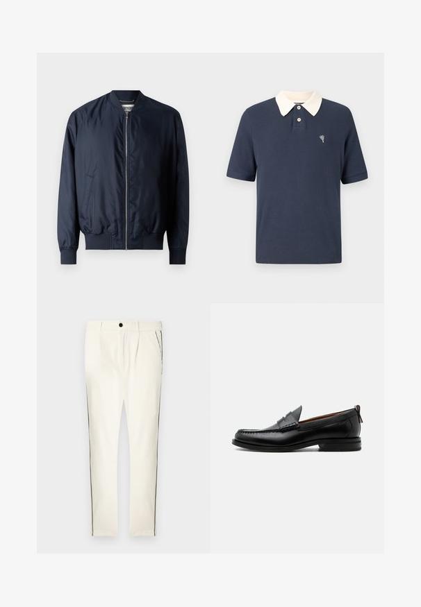 Veste bombardier navy avec une finition lisse et brillante, des poignets et un ourlet côtelés, dotée d'une fermeture éclair à l'avant et de poches latérales.; Polo bleu marine avec col crème, manches courtes, texture côtelée, patte de boutonnage à trois boutons, et petit détail brodé en forme de cœur sur la poitrine.; Pantalon à rayures blanches avec une coupe décontractée, doté d'une bande latérale noire, d'une fermeture à boutons et de plis à l'avant pour un détail de design supplémentaire.; Mocassin homme en cuir noir avec couture moc toe, bride penny, col texturé et petit talon empilé sur fond blanc.