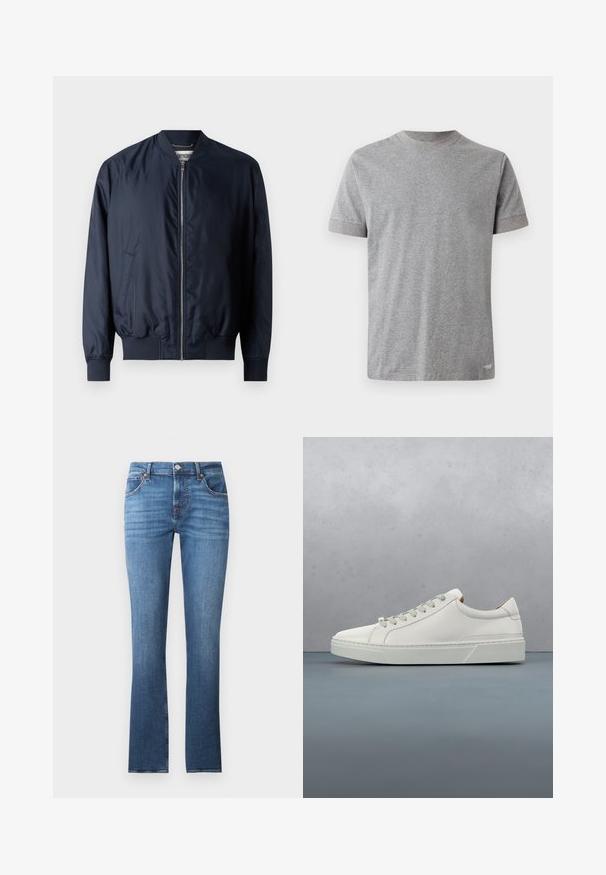 Marineblaues Bomberjacke mit glatter, glänzender Oberfläche, gerippten Bündchen und Saum, verfügt über einen Frontreißverschluss und Seitentaschen.; Graues T-Shirt mit kurzen Ärmeln aus weicher Baumwolle. Verfügt über einen runden Halsausschnitt mit kontrastierendem Besatz und einen geraden Saum am unteren Ende.; Blaue Jeans aus Denim mit geradem Bein, leicht ausgebleicht, fünf Taschen und Metallbeschlägen. Der Bund ist mit Gürtelschlaufen ausgestattet.; Weißes Leder-Sneaker mit abgerundetem Zehenbereich, minimalistisches Design, graue Schnürsenkel und einer strukturierten grauen Gummisohle. Dezente Nähte sichtbar.