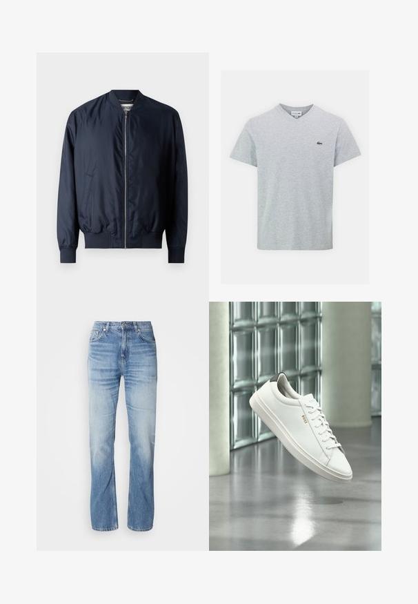 Marineblaues Bomberjacke mit glatter, glänzender Oberfläche, gerippten Bündchen und Saum, verfügt über einen Frontreißverschluss und Seitentaschen.; Graues V-Ausschnitt-T-Shirt aus weichem Material. Mit kurzen Ärmeln und einem kleinen grünen Lacoste-Logo auf der linken Brust. Einfaches Design.; Hellblaue Jeans aus Denim mit geradem Bein, verblasstem Finish, fünf Taschen und Knopfverschluss. Klassisches Design und mittlere Dicke.; Weißer Leder-Low-Top-Sneaker mit Schnürsenkeln, schwarzer Fersenschlaufe und „BOSS“-Logo, der drinnen nahe einer Glassteinwand und einem polierten Boden schwebt.