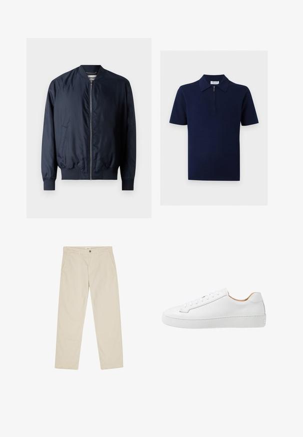 Veste bombardier navy avec une finition lisse et brillante, des poignets et un ourlet côtelés, dotée d'une fermeture éclair à l'avant et de poches latérales.; Chemise bleu marine à manches courtes avec col et fermeture éclair devant, design uni, présentée sur un fond neutre.; Pantalon beige à jambes droites avec fermeture par bouton et fermeture éclair, passants pour ceinture et poches latérales avant.; Sneaker en cuir blanc avec une finition lisse, bout rond, design plat à lacets, et une semelle en caoutchouc épaisse présentant un motif de grip texturé.