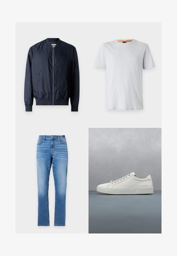Marineblaues Bomberjacke mit glatter, glänzender Oberfläche, gerippten Bündchen und Saum, verfügt über einen Frontreißverschluss und Seitentaschen.; Hellgraues T-Shirt mit kurzen Ärmeln aus Baumwolle, das ein kleines Logopatch auf der Brust und einen kontrastierenden orangefarbenen Akzent am Halsausschnitt aufweist.; Hellblaue Denim-Jeans mit geradem Schnitt, fünf Taschen, vorderem Knopfverschluss und dezenten Ausbleichungen an den Oberschenkeln.; Weißes Leder-Sneaker mit abgerundetem Zehenbereich, minimalistisches Design, graue Schnürsenkel und einer strukturierten grauen Gummisohle. Dezente Nähte sichtbar.