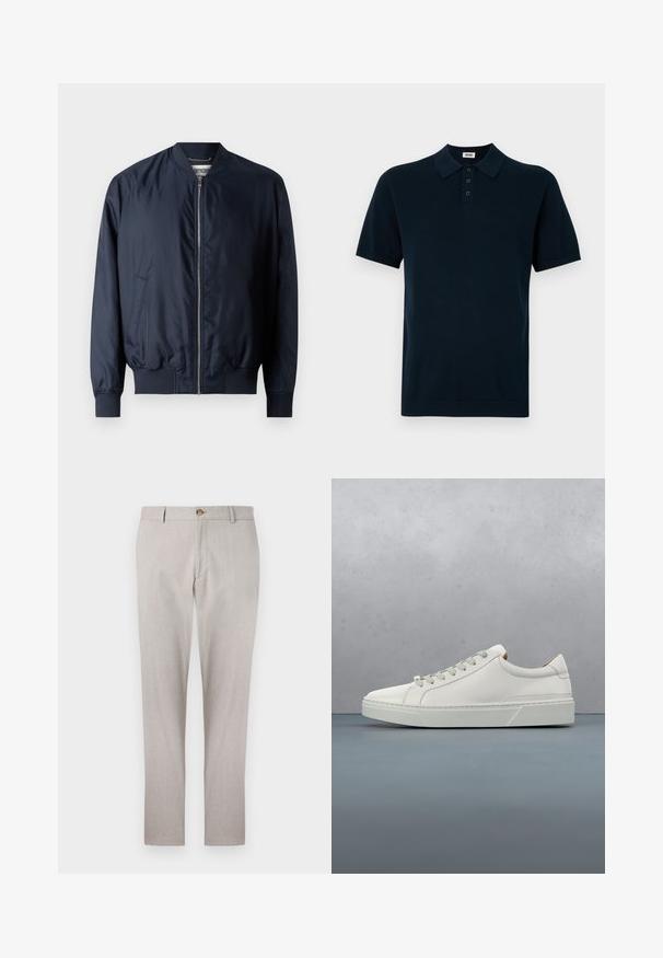 Veste bombardier navy avec une finition lisse et brillante, des poignets et un ourlet côtelés, dotée d'une fermeture éclair à l'avant et de poches latérales.; Polo shirt bleu marine à manches courtes, avec un tissu texturé, un plastron à trois boutons et un col et des poignets en tricot.; Pantalons en lin gris clair avec un design ajusté, fermeture à bouton, poches sur les côtés et coupe droite. Texture douce et détails de couture minimaux.; Baskets en cuir blanc avec un bout arrondi, design minimaliste, lacets gris et semelle en caoutchouc gris texturé. Détails de couture subtils visibles.