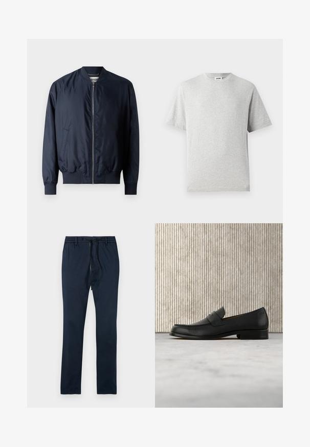 Veste bombardier navy avec une finition lisse et brillante, des poignets et un ourlet côtelés, dotée d'une fermeture éclair à l'avant et de poches latérales.; T-shirt gris à manches courtes en tissu doux. Il présente un col rond, une coupe décontractée, et ne comporte ni motifs ni logos. Texture lisse sur l'ensemble.; Pantalons en coton bleu marine avec une taille élastique et un cordon de contraste. Conception à jambe droite avec une texture lisse et sans motifs supplémentaires.; Mocassin en cuir noir flottant au-dessus d'un tapis beige avec une table ronde brune brillante en arrière-plan.