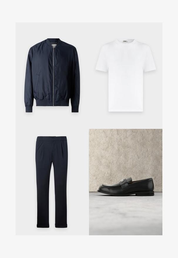 Marineblaues Bomberjacke mit glatter, glänzender Oberfläche, gerippten Bündchen und Saum, verfügt über einen Frontreißverschluss und Seitentaschen.; Weißes T-Shirt mit kurzen Ärmeln, Rundhalsausschnitt und Rippenstruktur sowie einem kleinen Nackenetikett mit der Aufschrift "DRYKORN" vor schlichtem hellem Hintergrund.; Dunkelblaue Hose aus weichem Stoff, mit elastischem Bund, Falten an der Vorderseite und umgeschlagenen Säumen. Glatte Textur, minimalistisches Design.; Schwarzer Lederloafer mit einer Metallmarkenplatte, der nahe einem braunen runden Tisch auf beigem Teppichboden ruht.