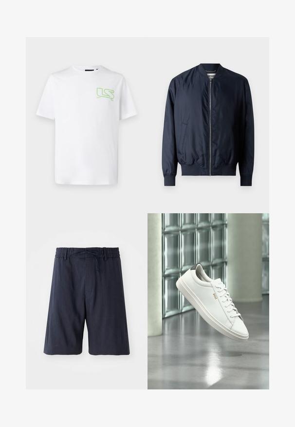 Marineblaues Bomberjacke mit glatter, glänzender Oberfläche, gerippten Bündchen und Saum, verfügt über einen Frontreißverschluss und Seitentaschen.; Weißes Baumwoll-T-Shirt mit einem kleinen grünen "LS"-Logo auf der linken Brustseite. Klassischer Rundhalsausschnitt und kurze Ärmel.; Marineblaue Shorts mit elastischem Bund, verstellbarem Kordelzug und einem weichen, strukturierten Stoff. Mit einem knielangen Schnitt und minimalistischen Design.; Weißer Leder-Low-Top-Sneaker mit Schnürsenkeln, schwarzer Fersenschlaufe und „BOSS“-Logo, der drinnen nahe einer Glassteinwand und einem polierten Boden schwebt.